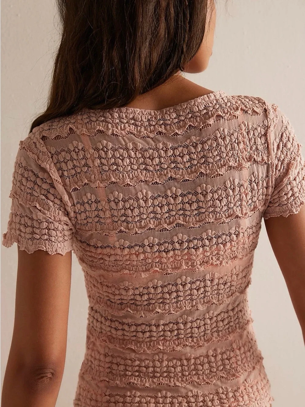NWOT Free People Angelina Lace Tee Knit Short Sleeve Top - Dusty Pink - Size S